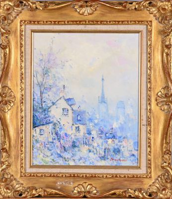 un tableau représentant un tableau d'une ville, dans un cadre doré