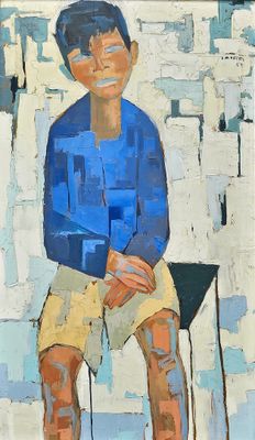 un tableau représentant un garçon assis sur une chaise