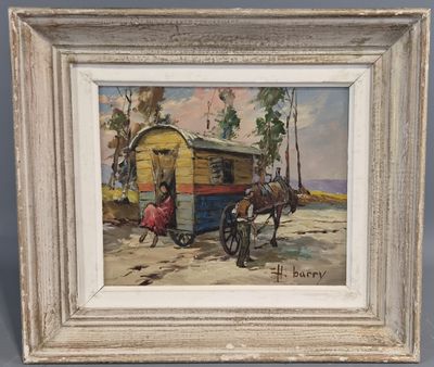 une peinture à l'huile représentant une calèche tirée par des chevaux et tractant une remorque