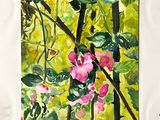 a picture of a painting of pink flowers on a tree