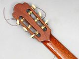 a close up of a guitar on a white surface