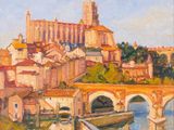 une peinture à l'huile représentant une vue d'une ville avec un pont