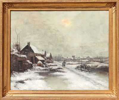 a painting of a winter scene with a man walking down a snow covered road