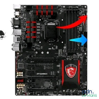 a close up of a motherboard with a red arrow pointing to the mother board