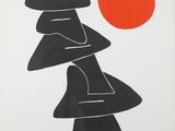 a black and white poster with a red sun in the background