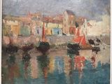 une peinture à l'huile représentant des bateaux dans un port avec des bâtiments à l'arrière-plan