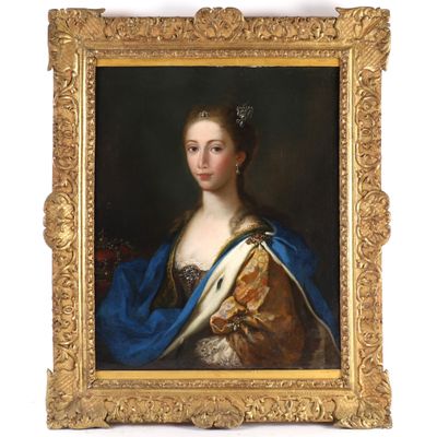 portrait of a lady in a blue dress with a gold frame