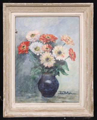 a painting of flowers in a blue vase on a table