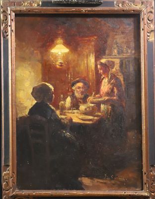 une peinture à l'huile représentant un groupe de personnes assises autour d'une table