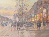 une peinture de personnes marchant dans la rue sous la pluie
