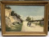 un tableau représentant un homme à vélo sur un chemin de terre