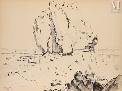 dessin représentant un gros rocher au milieu d'un désert