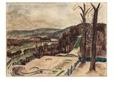 an image of a painting of a landscape with trees and a fence