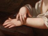 an oil painting of a woman with her hands on the arm of a man