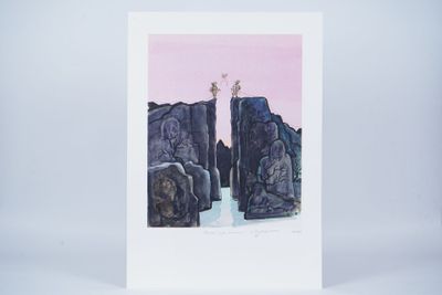 a card with a painting of a person standing on top of a mountain