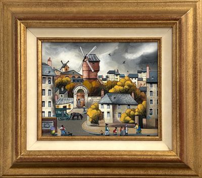 une image représentant un tableau d'une ville avec un moulin à vent
