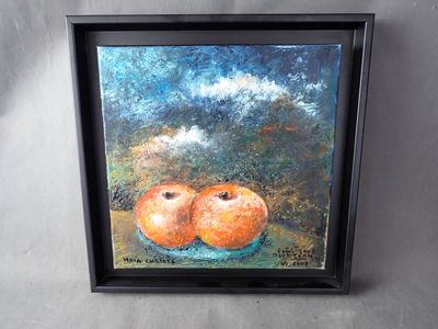 tableau représentant deux oranges dans un bol bleu posé sur une table
