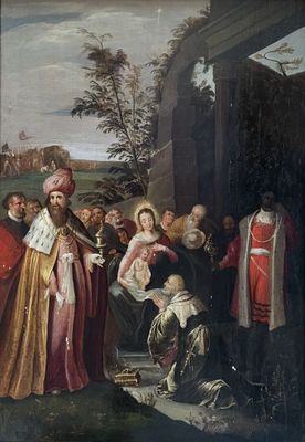 painting of a group of people standing in front of a building