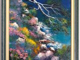 un tableau représentant un arbre et des fleurs sur une falaise
