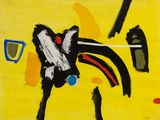 an image of a painting of a black and white bird on a yellow background