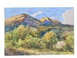 watercolor painting of a landscape with mountains and trees