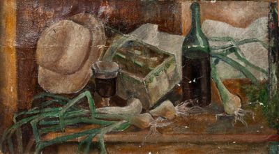 a painting of a still life with a hat and a bottle