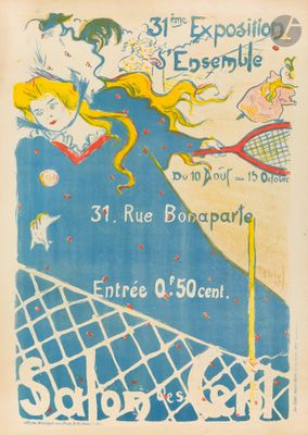 une vieille affiche annonçant un match de tennis, sur laquelle figure une femme tenant une raquette