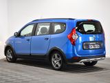 the rear end of a blue small car parked in a room