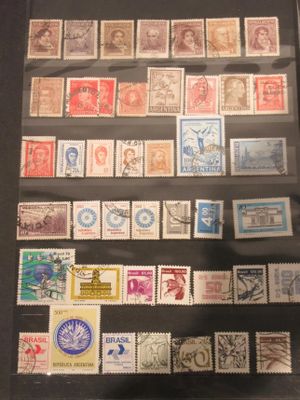 de nombreux timbres exposés dans une vitrine