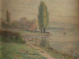 a picture of a painting of a boat on the water