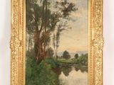 an oil painting of a river scene with trees in the background