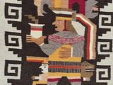 une image représentant un tapis navajo sur lequel figure un homme jouant de la guitare