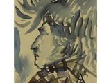 a watercolor painting of a man with a moose ' s head on his head