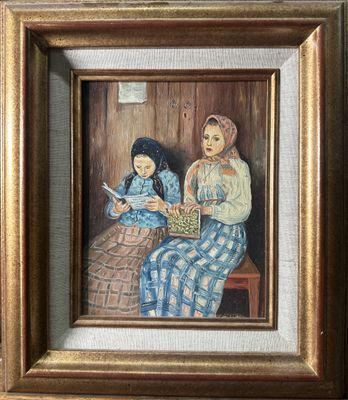 painting of a woman and two children sitting on a bench with a basket