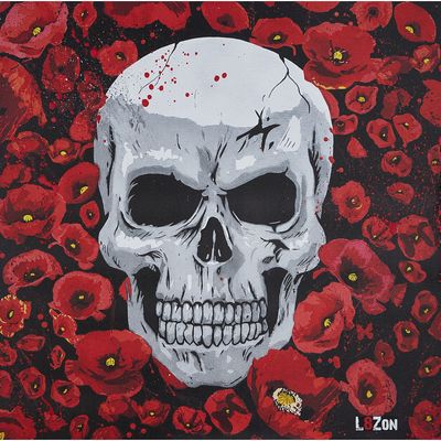 peinture représentant un crâne entouré de coquelicots rouges sur fond noir