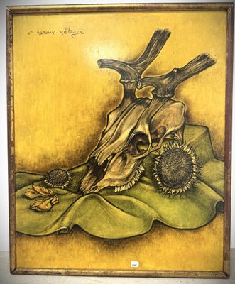 painting of a skull and a sunflower on a yellow background