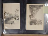two black and white pictures of a street with people walking on it