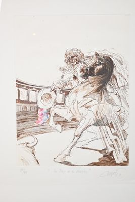 un dessin représentant une femme à cheval avec un enfant sur le dos