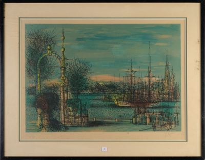an image of a painting of a harbor scene with ships in the water