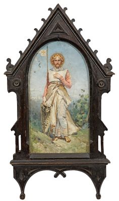 tableau représentant une femme avec un panier de fleurs, dans un cadre en bois