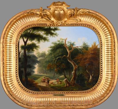 une image représentant un tableau représentant un paysage boisé avec un homme et un chien