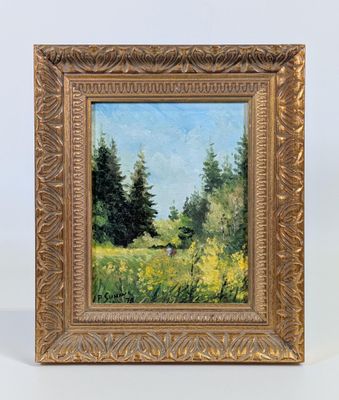 un tableau représentant un champ avec des arbres et des fleurs jaunes, dans un cadre doré