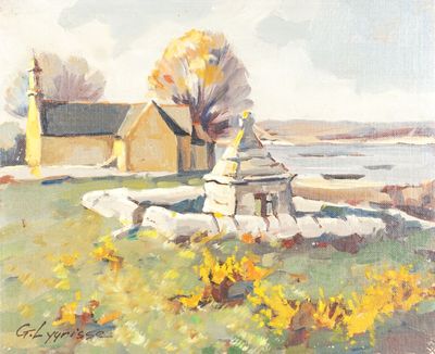 une image représentant une peinture d'une maison et d'un arbre dans un champ
