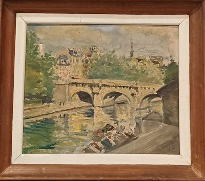 un tableau représentant un pont au-dessus d'une rivière, avec des personnes assises dessus