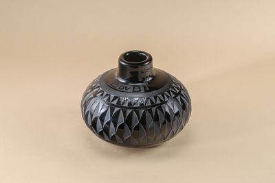 a black vase sitting on a table with a beige background