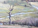 a painting of a river running through a field