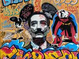 tableau représentant un homme muni d'une moustache, debout devant un mur recouvert de graffitis