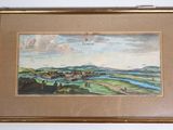 tableau représentant une vue d'une ville avec une rivière au premier plan et des collines à l'arrière-plan