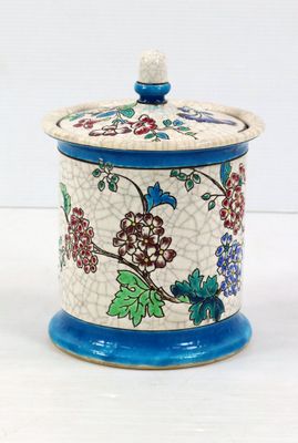 LONGWY, POT à tabac en émaux polychromes à décor de branchag…