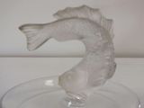 a glass fish figurine sitting on a glass plate